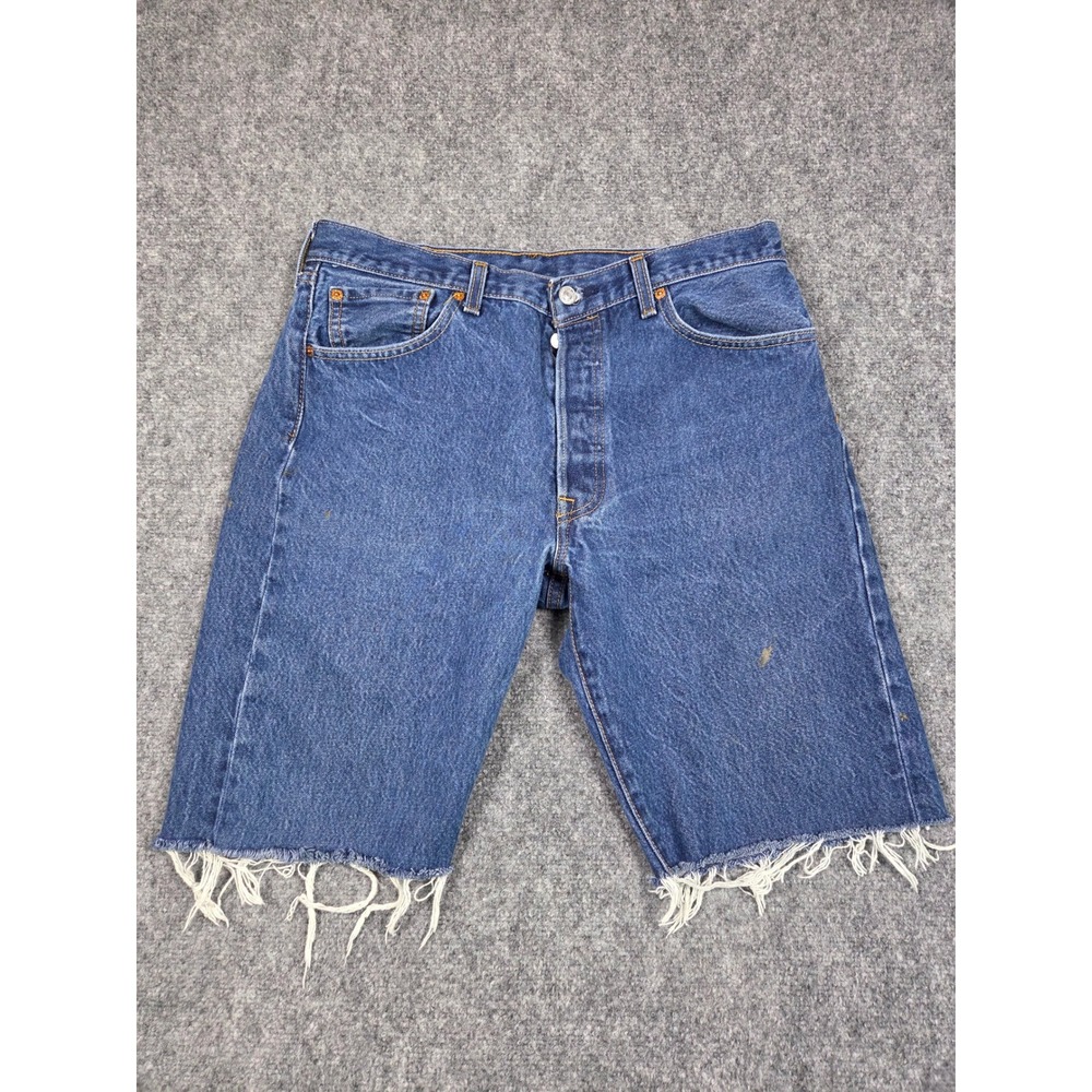 Levi's 501 Denim Shorts Mens W35 Blue Cut Off Raw Frayed Hem Button Fly Mid Wash
